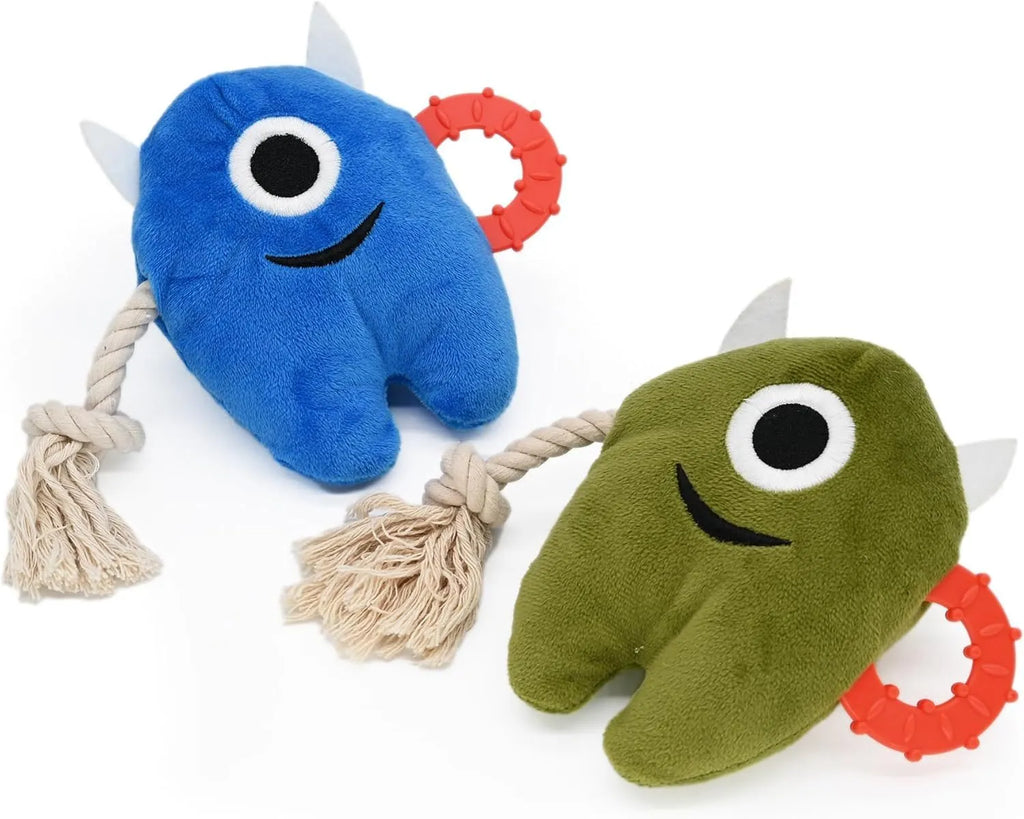 Blue monster dog toy with plush body and woven rope sections for chewing and tugging