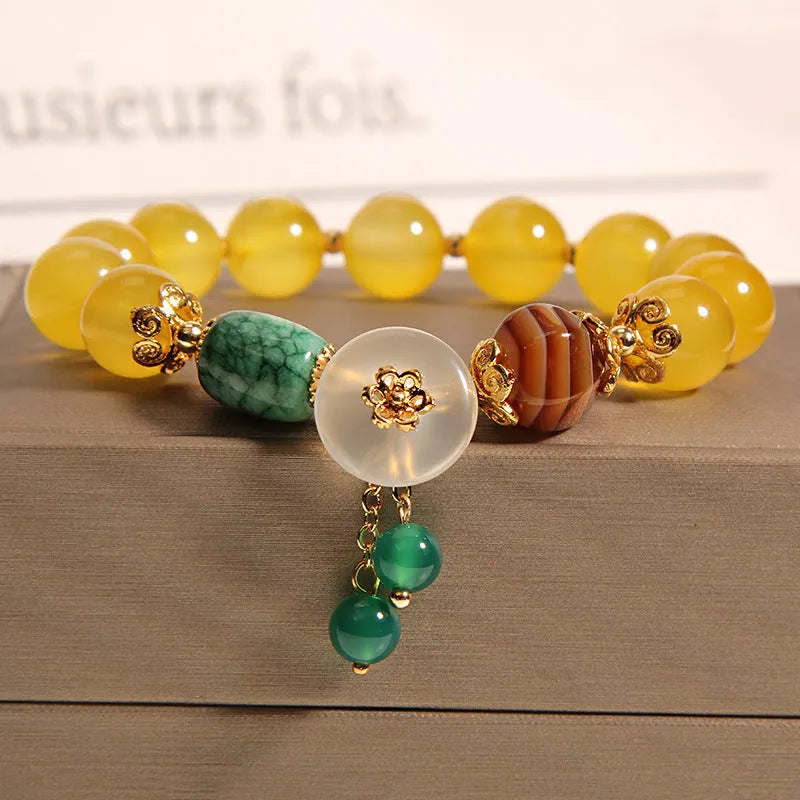 Khaki yellow agate crystal women's bracelet on gold silk thread