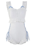 Milky white backless one-piece swimsuit on a hanger