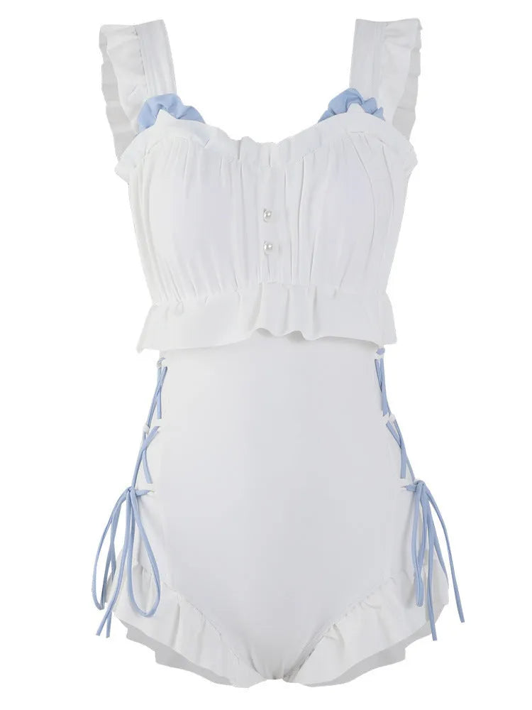 Milky white backless one-piece swimsuit on a hanger