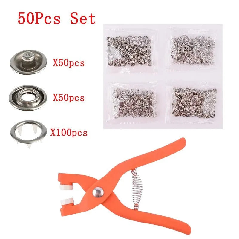 Stainless steel five claw clothing button with pliers tool for no-sew garment repair