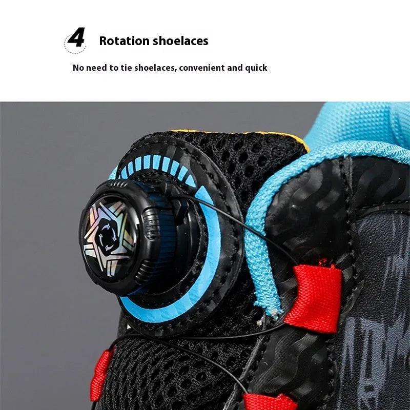 Kids rotating button basketball shoes in black, available in sizes 28 to 40.
