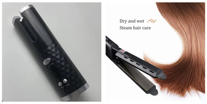 White USB curling iron with gold ceramic barrel and temperature control display