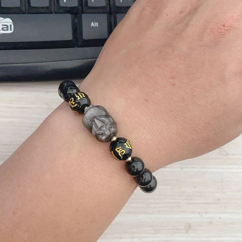 Men's silver stone bracelet with Chinese zodiac designs and proverb beading in handcrafted traditional style