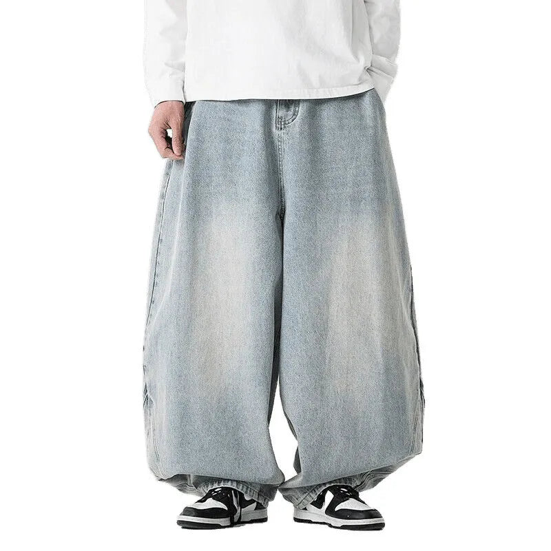 Men's plus size wide leg jeans in cotton denim fabric with straight cut trousers