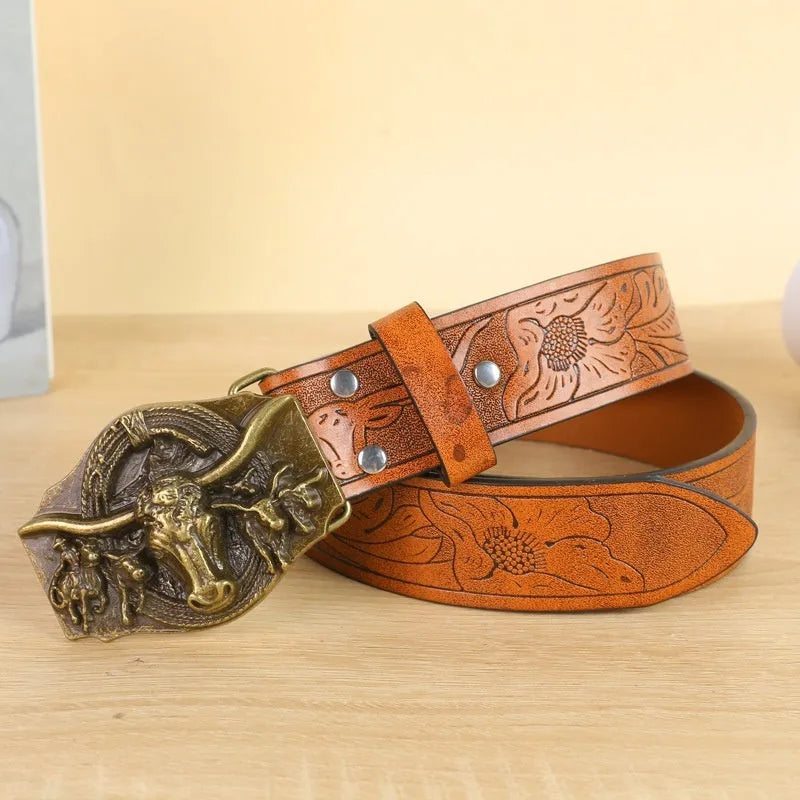Men's black imitation leather belt with a detailed metal cow head buckle and pin clasp.