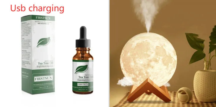 Lunar sphere humidifier and night light in wood finish with white LED light on a bedside table