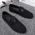 Men's black and grey breathable suede casual shoes with rubber sole for summer.