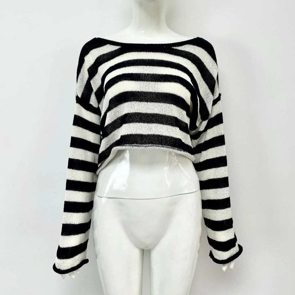 A woman's striped long-sleeve pullover sweater with a front and back wearable design in mercerised cotton.