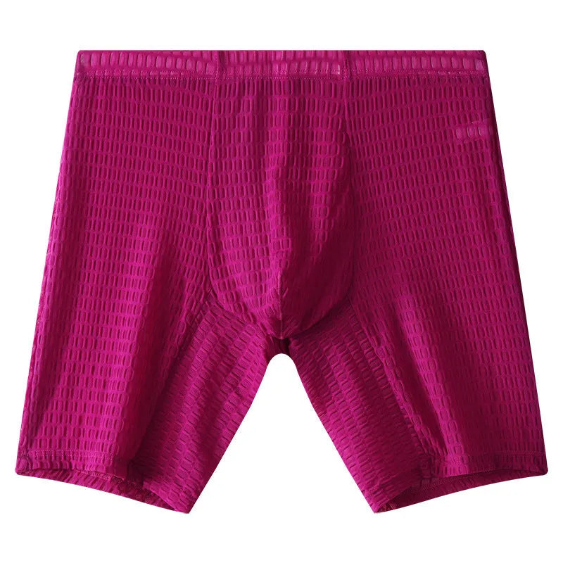 Men's lengthened lace boxer shorts in light purple on a white background.