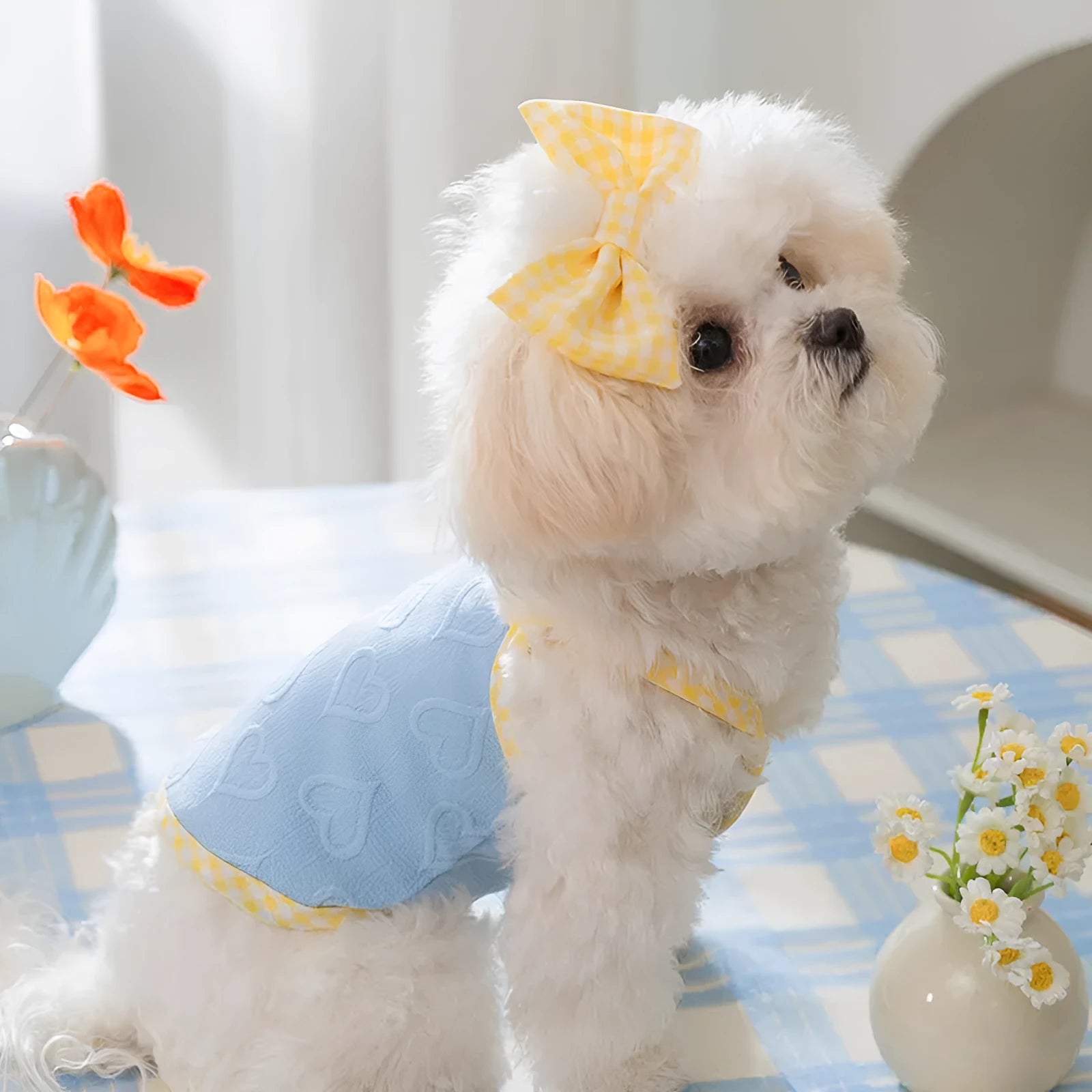 Small dog wearing heart bow suspenders vest in blue with elastic sides