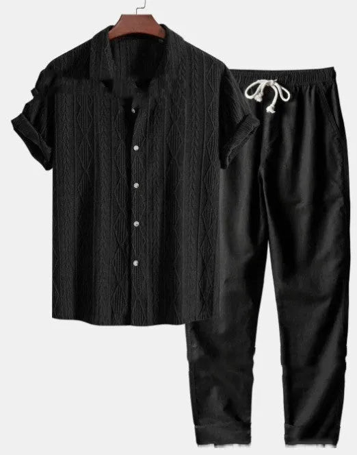 Men's loose fit summer shirt and trousers suit in polyester milk silk fabric available in six colours