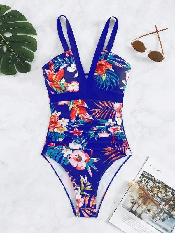 Women's floral pattern backless one-piece swimsuit in a polyester-spandex blend
