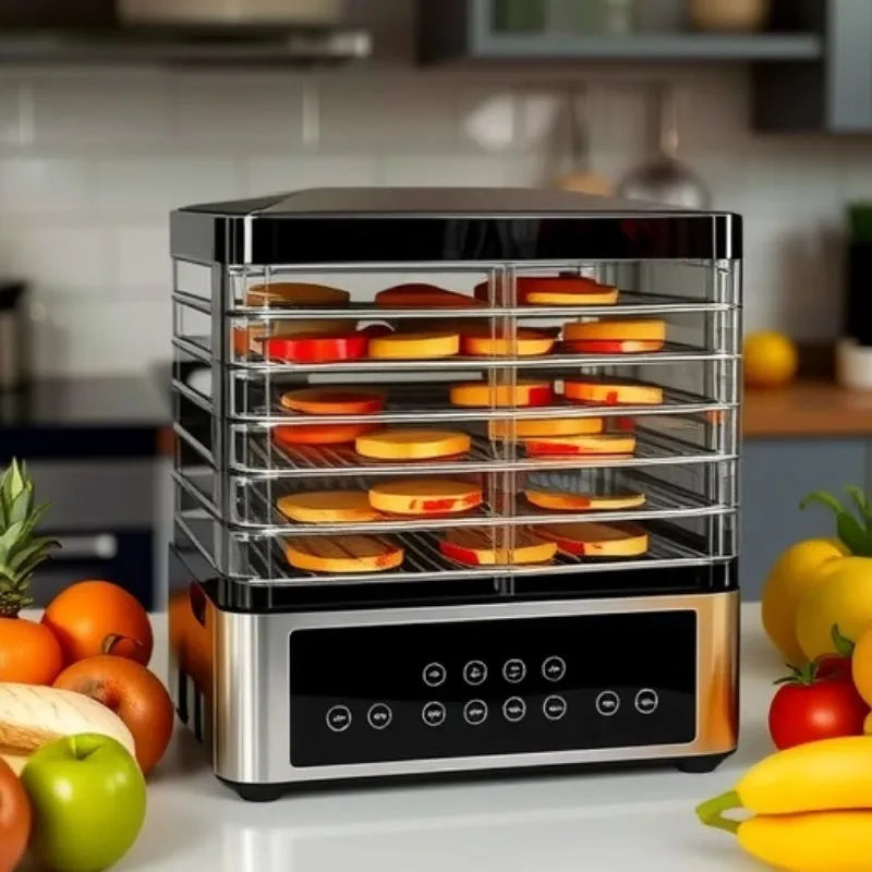 Silver stainless steel fruit dehydrator food dryer with 14-litre capacity