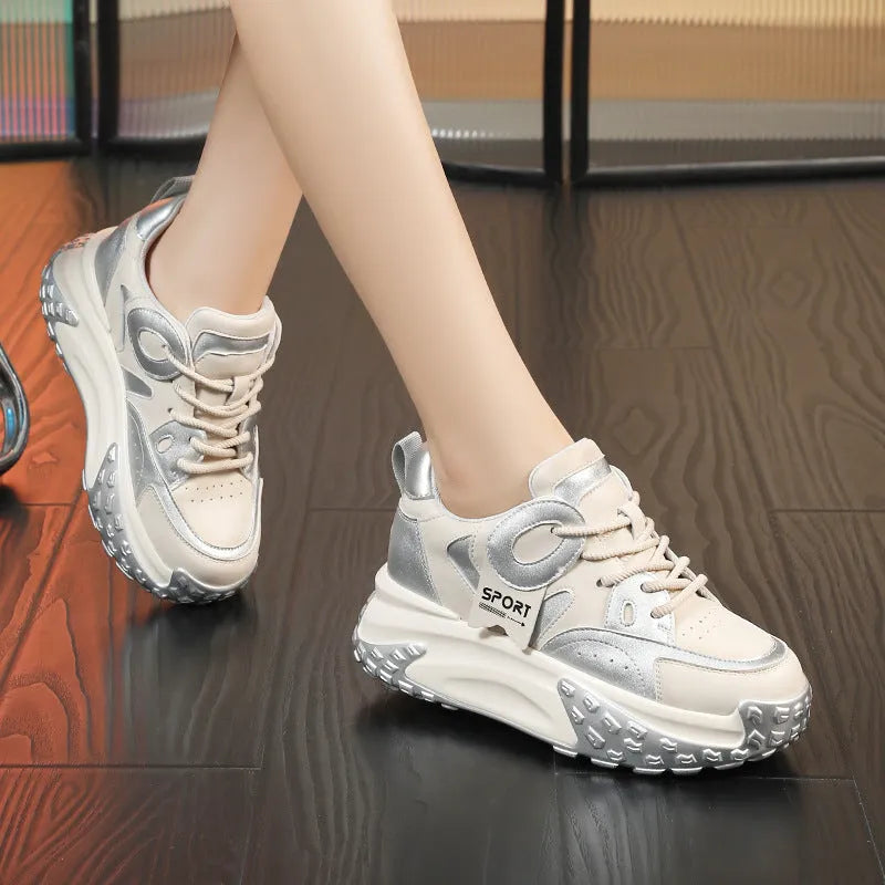 Leather sports casual shoes with thick wedge soles and front lace-up closure in multiple colour options