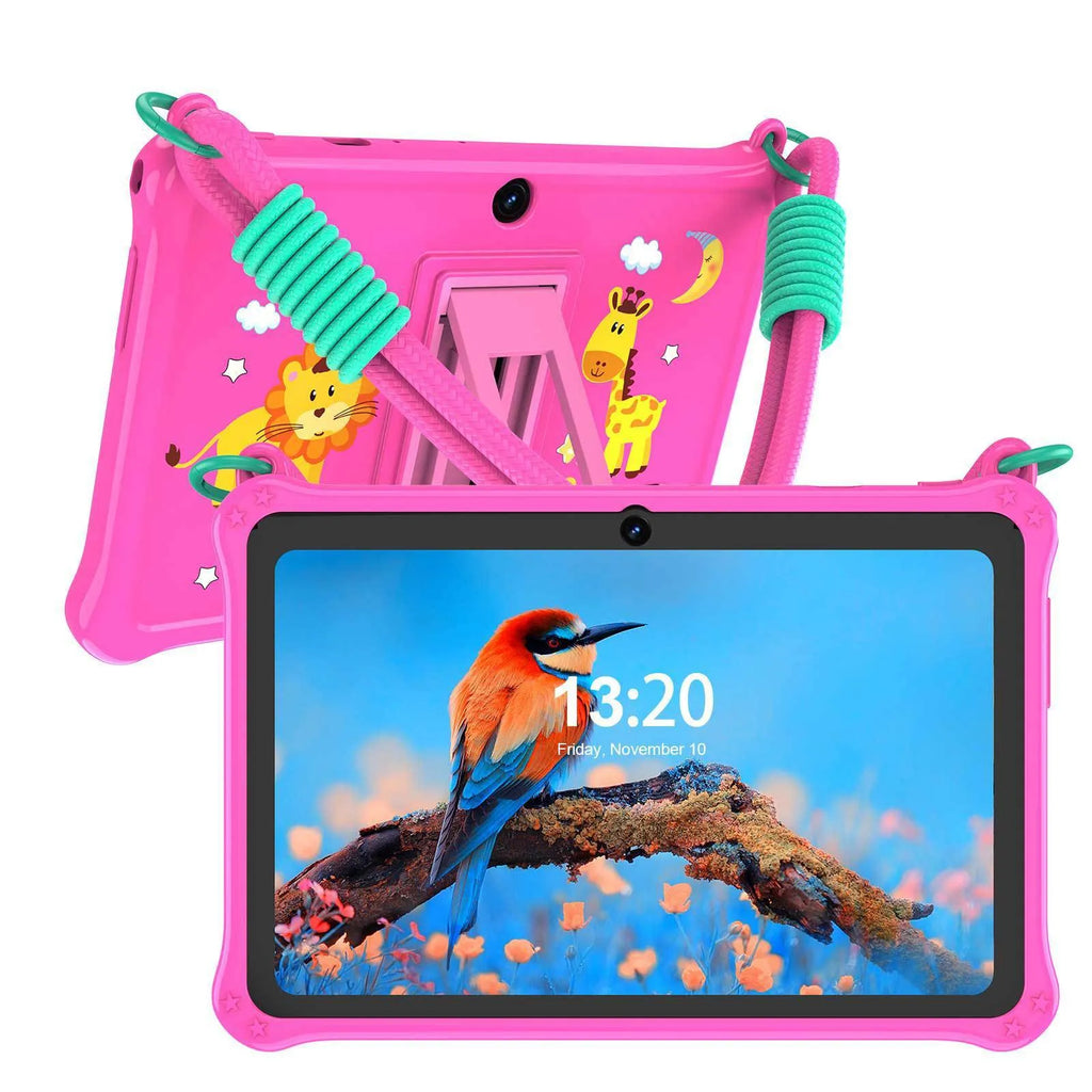 Sapphire blue silicone protective case for a 7-inch children's tablet on a table.