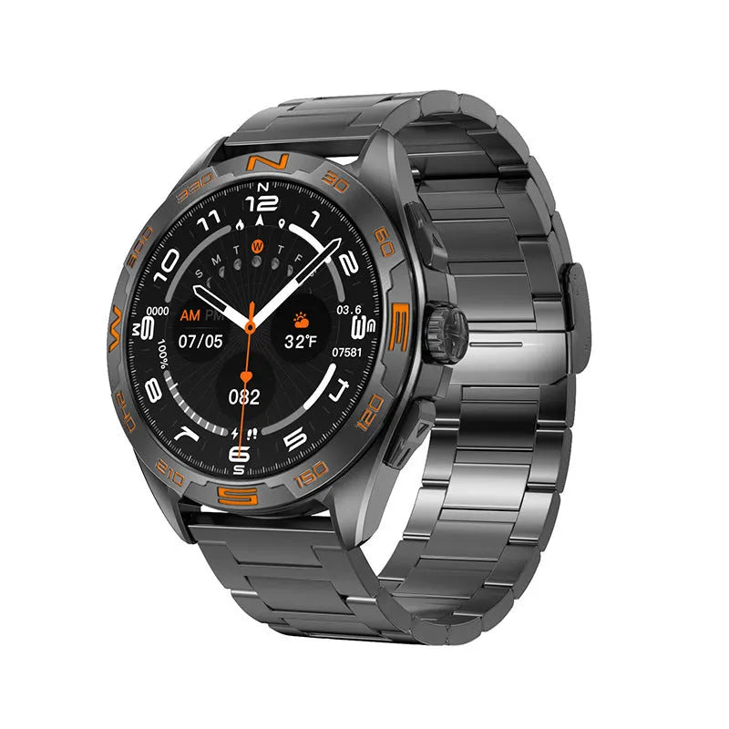 Smart watch displaying health metrics on IPS screen, available in black, silver, black steel, or silver steel.