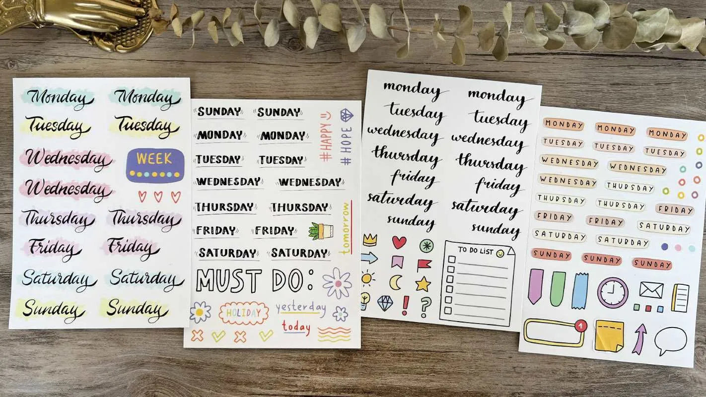 Set of cute printed English letter and weekly word stickers for labelling and crafts.