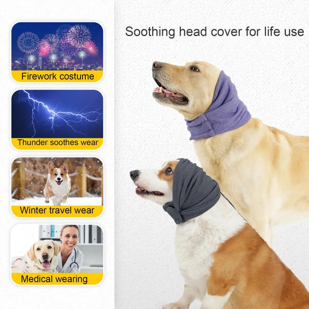 Black dog calming hoodie with ear wraps and closure, shown on a dog model