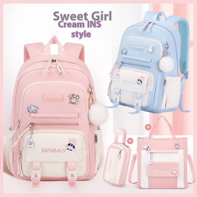 Girls' school backpack in Oxford cloth with curved shoulder straps and spine protection