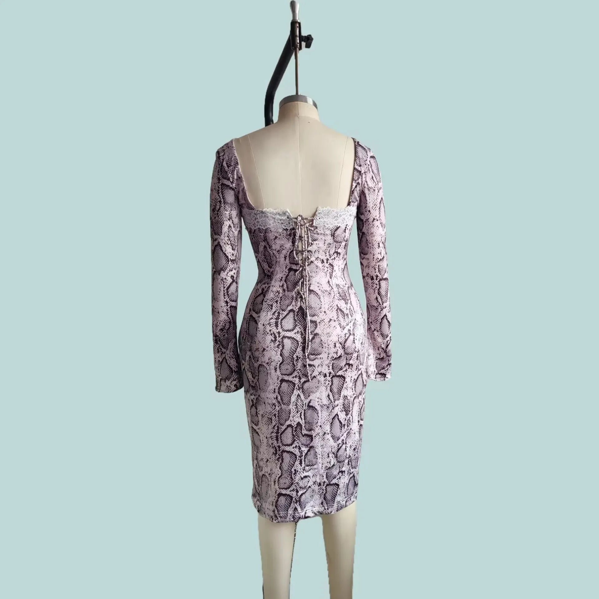 Grey women's slim fit lace dress with 3D digital print pattern and long sleeves.