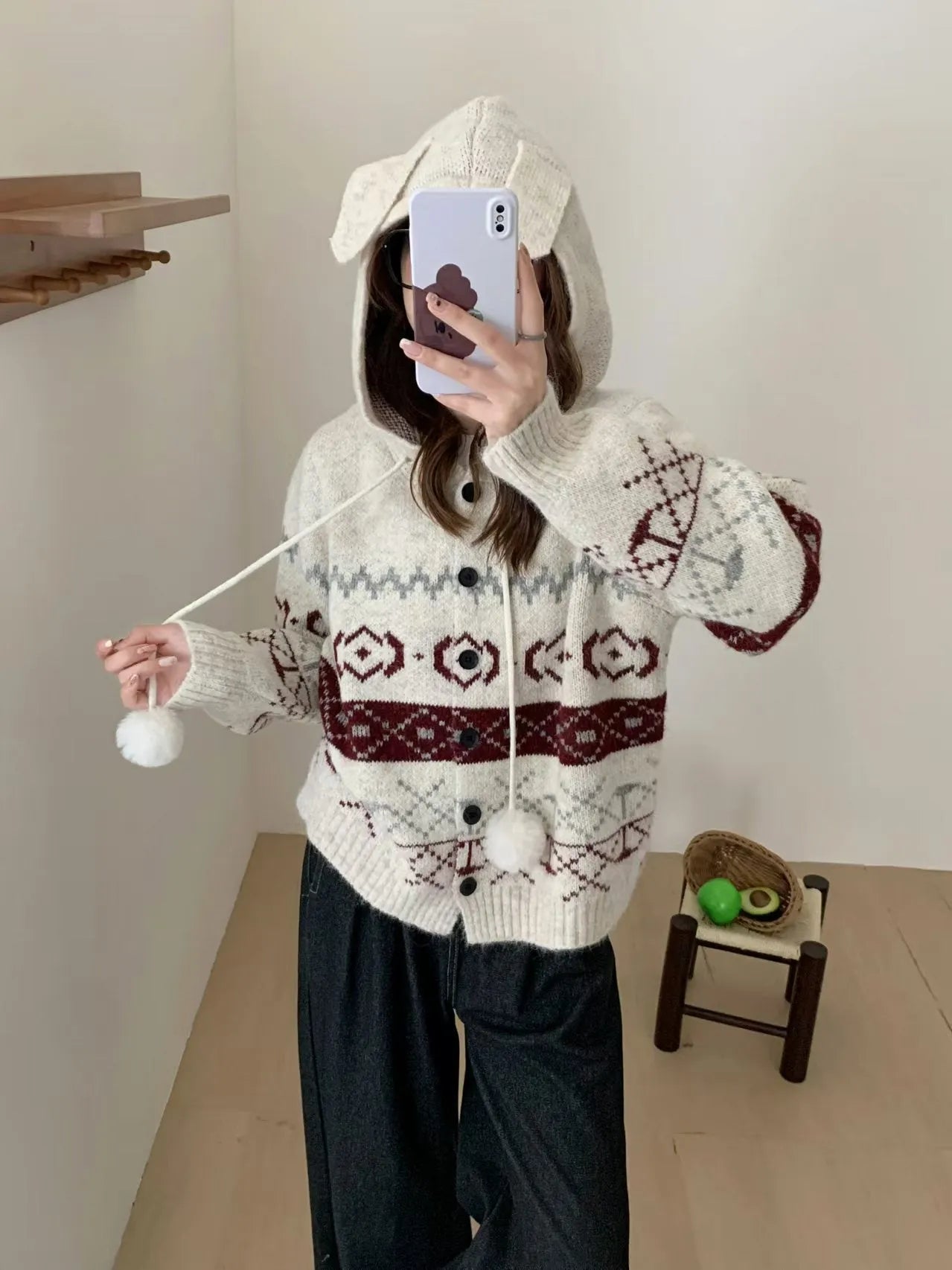 Women's loose fit geometric pattern brocade sweater coat in beige, free size.