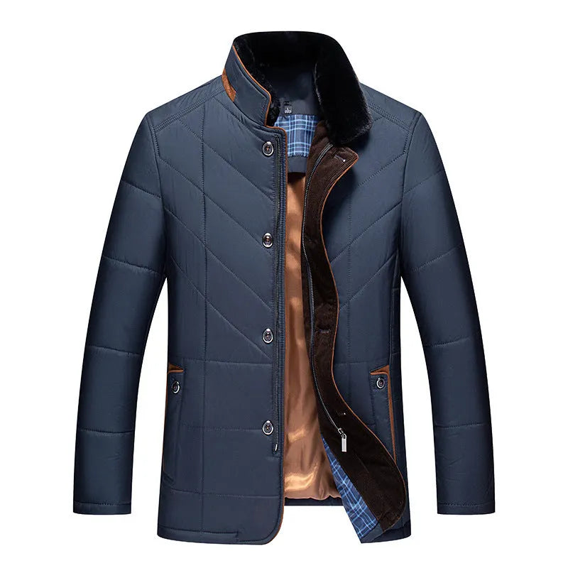 Men's winter short coat in dark blue with cotton-padded insulation and side pockets