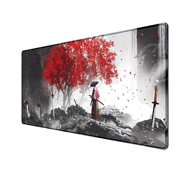 Japanese samurai pattern gaming mouse pad with cloth surface and non-slip base in various size configurations