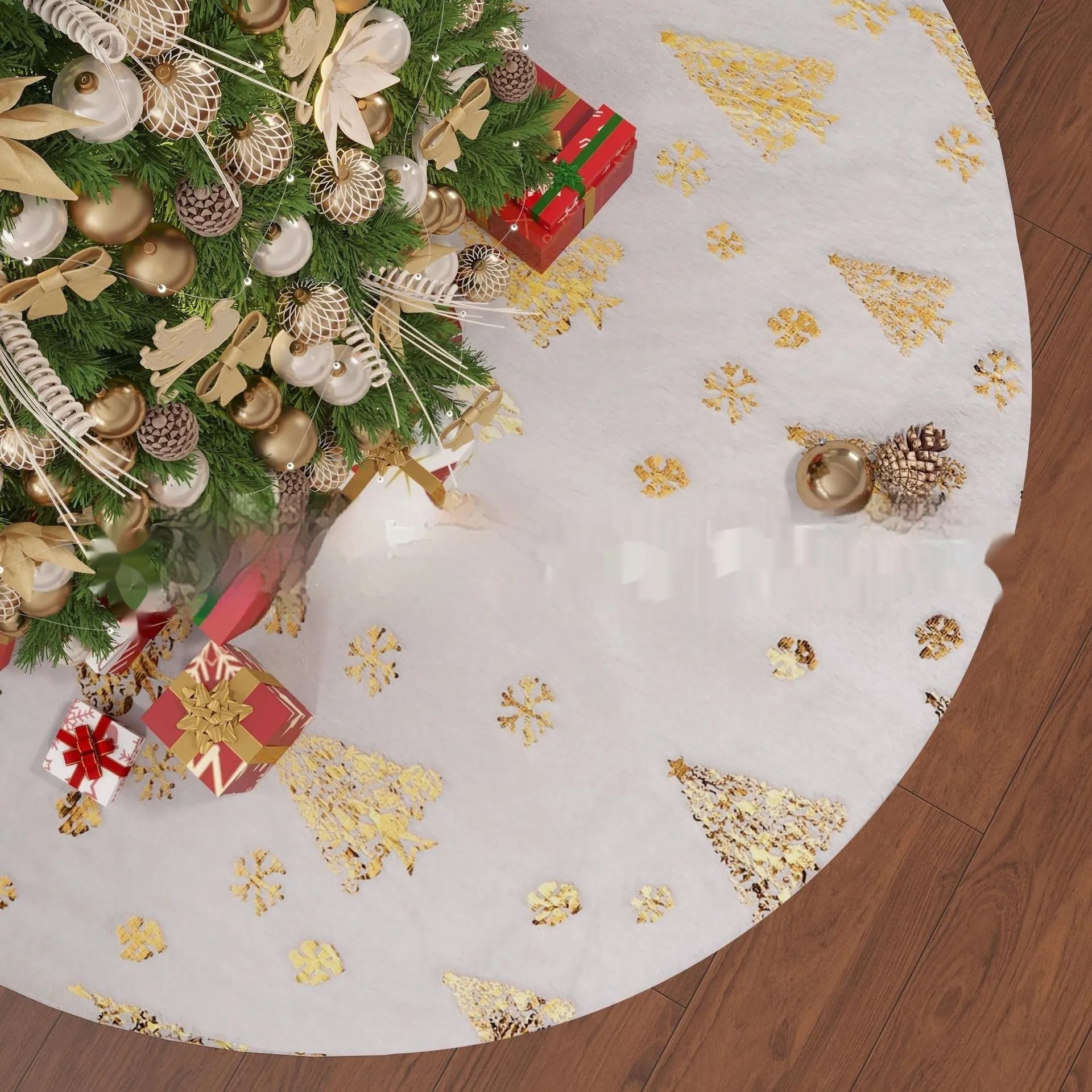 Plush Christmas tree floor mat with detailed gilding snowflake design, shown in multiple sizes.