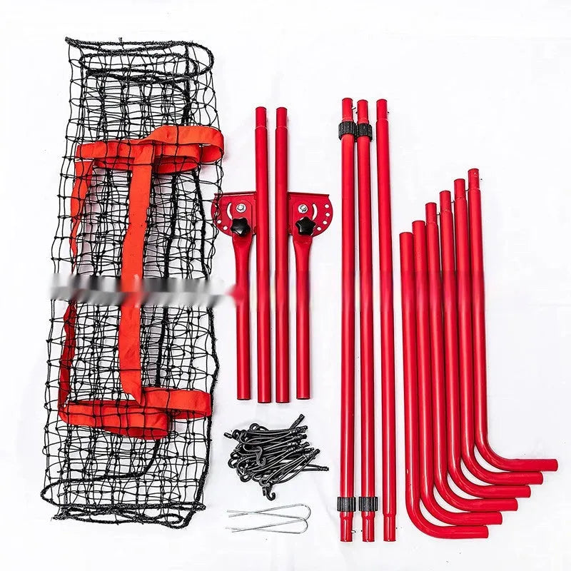 Red 4x6ft baseball training net with metal frame shown in portable folded position