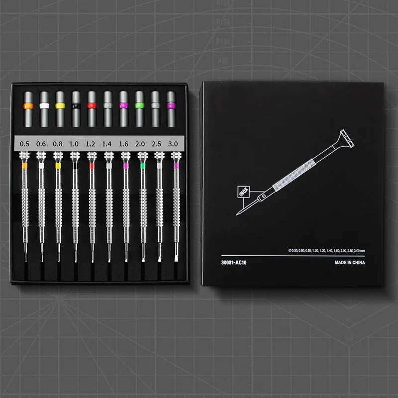 Watch repair tool set with 10 screwdrivers and 20 spare bits in boxed packaging