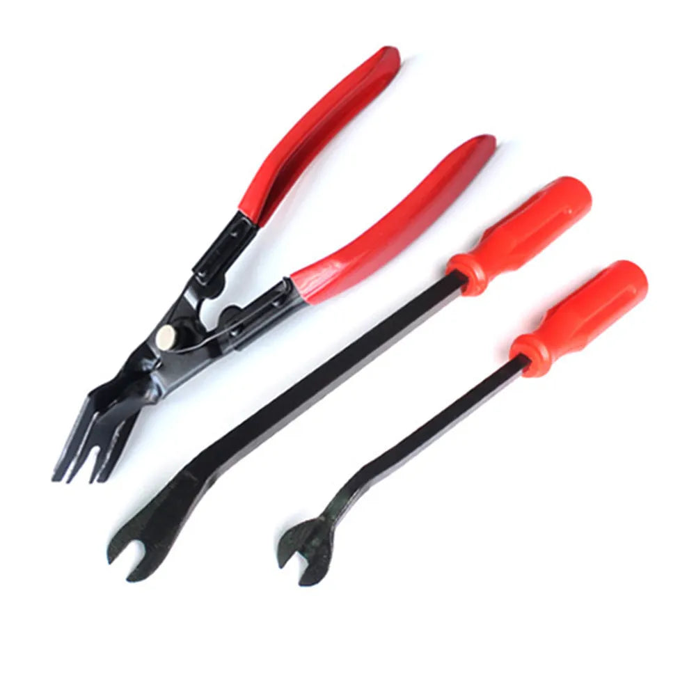 Red-handled steel automotive plier for GM door panel clip removal and horn driver nailing.