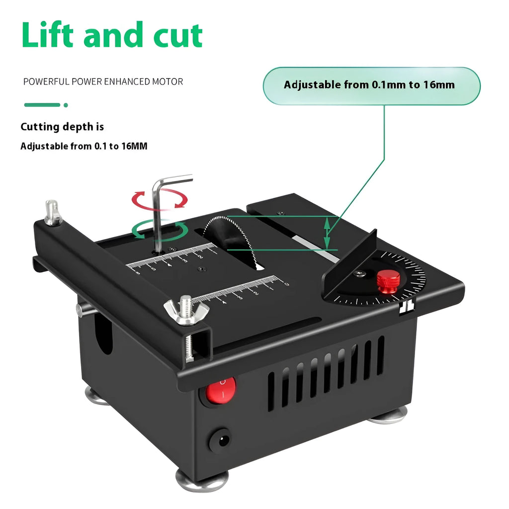 Cordless lithium-ion micro desktop saw with angle grinder design and five accessory attachments