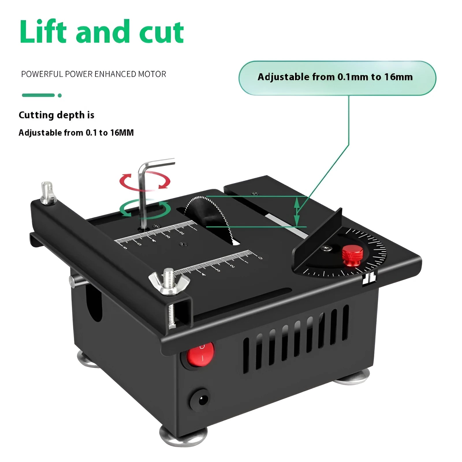 Cordless lithium-ion micro desktop saw with angle grinder design and five accessory attachments