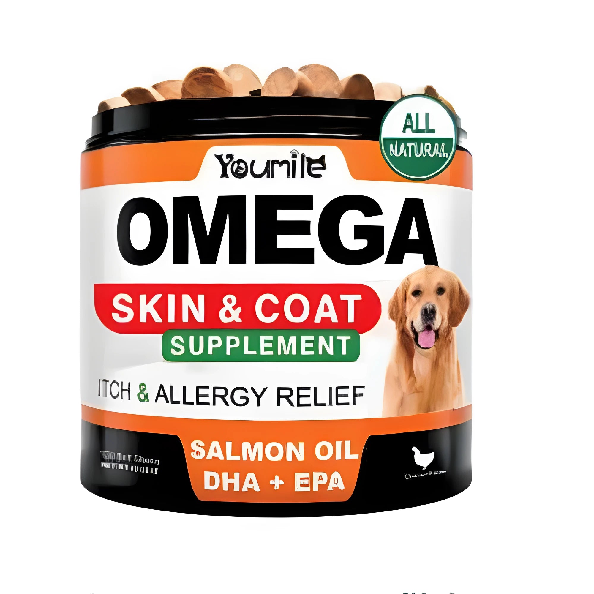 Bottle of 120 count fish oil chewing soft gel capsules, a dietary supplement with omega-3 EPA and DHA.