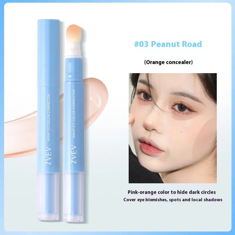 Concealer pen with sponge brush head applicator shown in brightening skin, pink flesh and flesh colour options