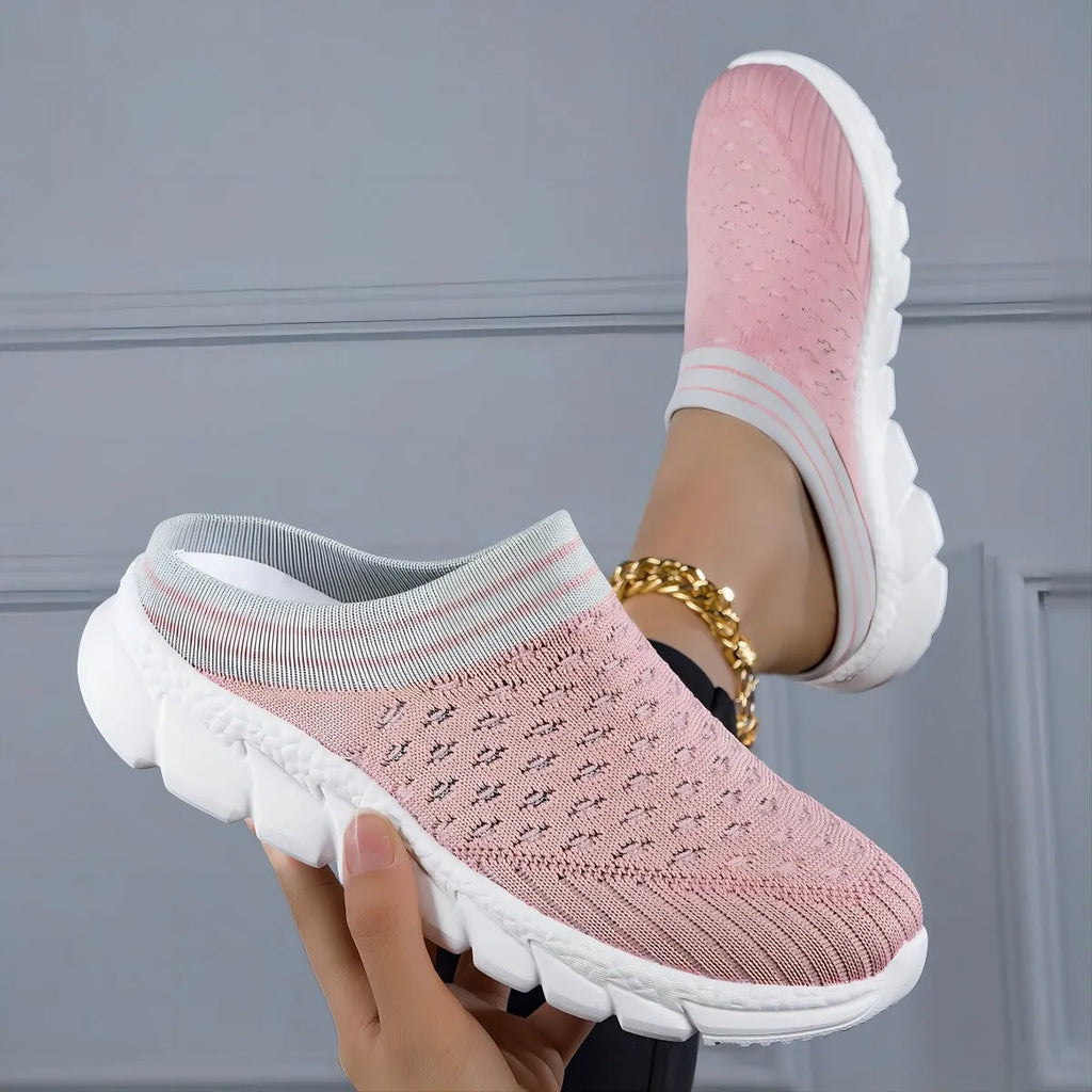Women's striped flyknit socks semi slippers with hollowed-out design in black, pink and purple colours