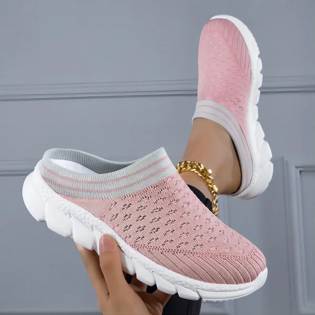 Women's striped flyknit socks semi slippers with hollowed-out design in black, pink and purple colours