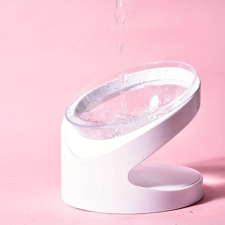 Clear white plastic cat food bowl with 4-degree anti-vomit tilt angle