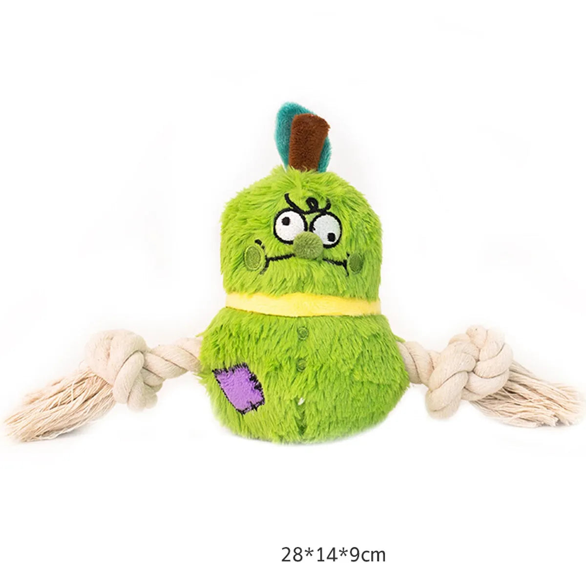 Green and purple plush rope knot dog toy with tug of war design for interactive play and dental care