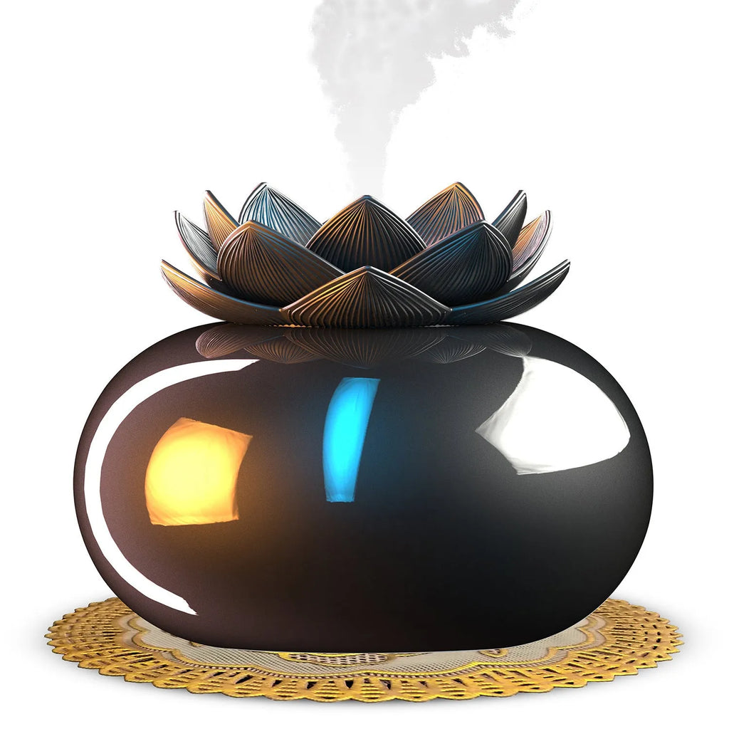 Pure black USB aromatherapy humidifier with ceramic lotus flower design on round base