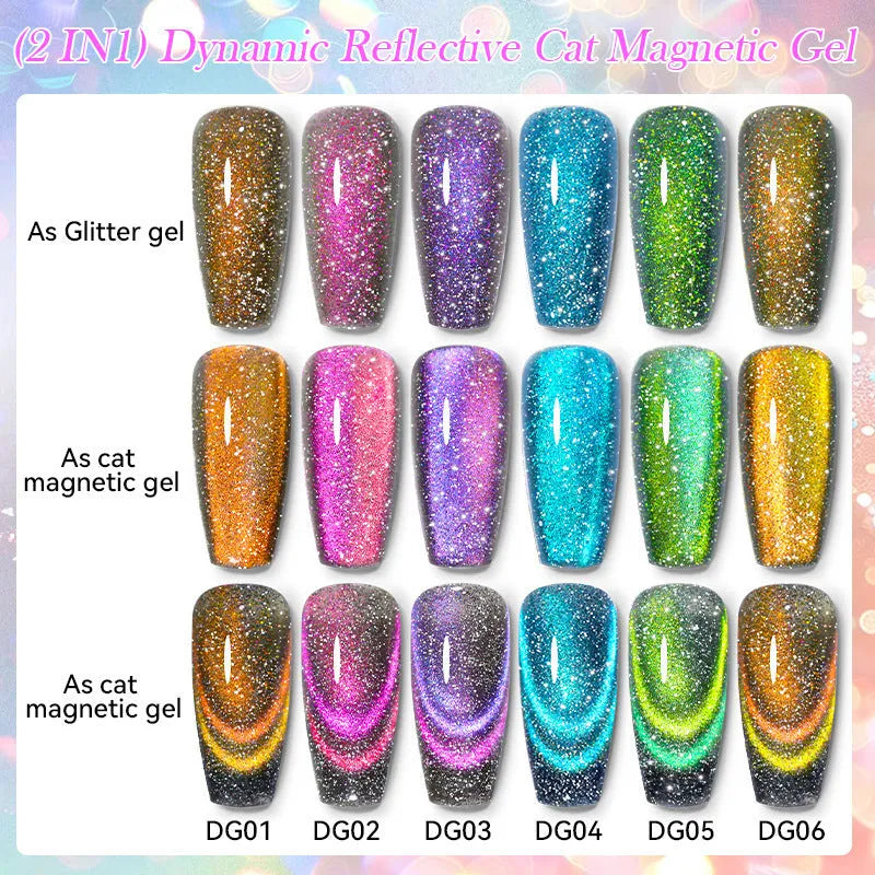 Cat eye series nail polish gel bottles showing diamond glitter and fragment designs in six colour options