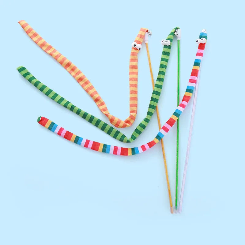 Cat wand toy with polycarbonate pole and long plush strip in vivid colours for interactive feline play