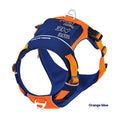 Adjustable dog chest strap vest with hand rope in orange blue colour, showing vest-style design
