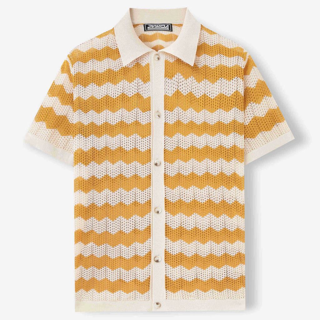 Short sleeve blue hollow jacquard corrugated sweater with flocking detail on a hanger.