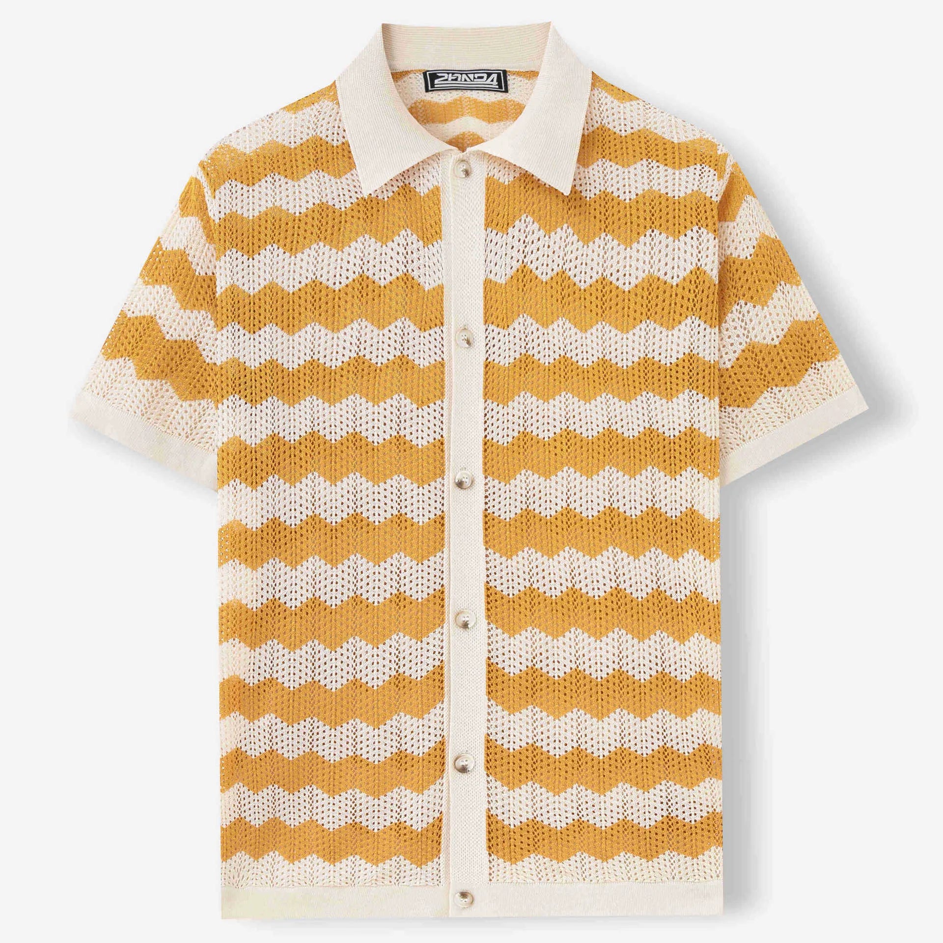 Short sleeve blue hollow jacquard corrugated sweater with flocking detail on a hanger.