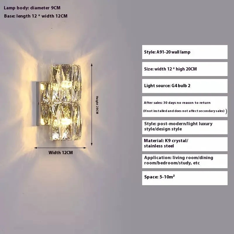 Crystal wall lamp with stainless steel frame in chrome or gold finish