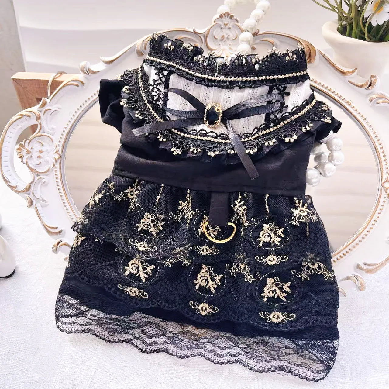 Golden gothic princess skirt costume for small cat or dog with detailed sizing information