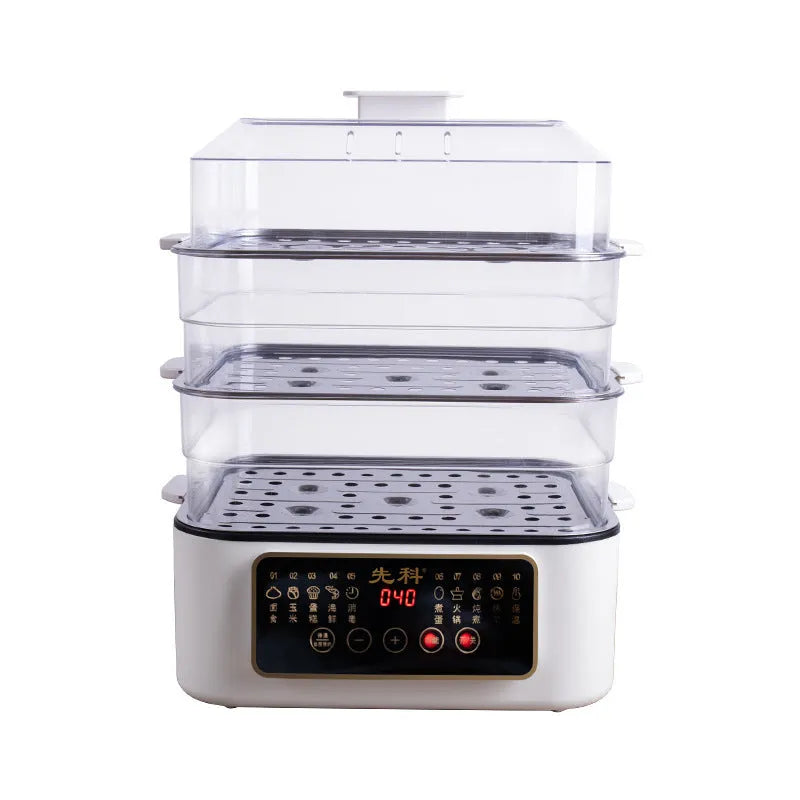 Electric steamer appliance with stainless steel finish and steaming rack