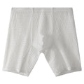 Men's lengthened lace boxer shorts in light purple on a white background.